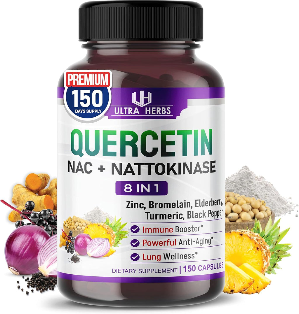Quercetin Supplement with Bromelain, Vitamin C and Zinc, Nattokinase, NAC, Elderberry, Elderberry | 8 in 1 Ultra Antioxidant Complex for Immune Health | 150 Capsules