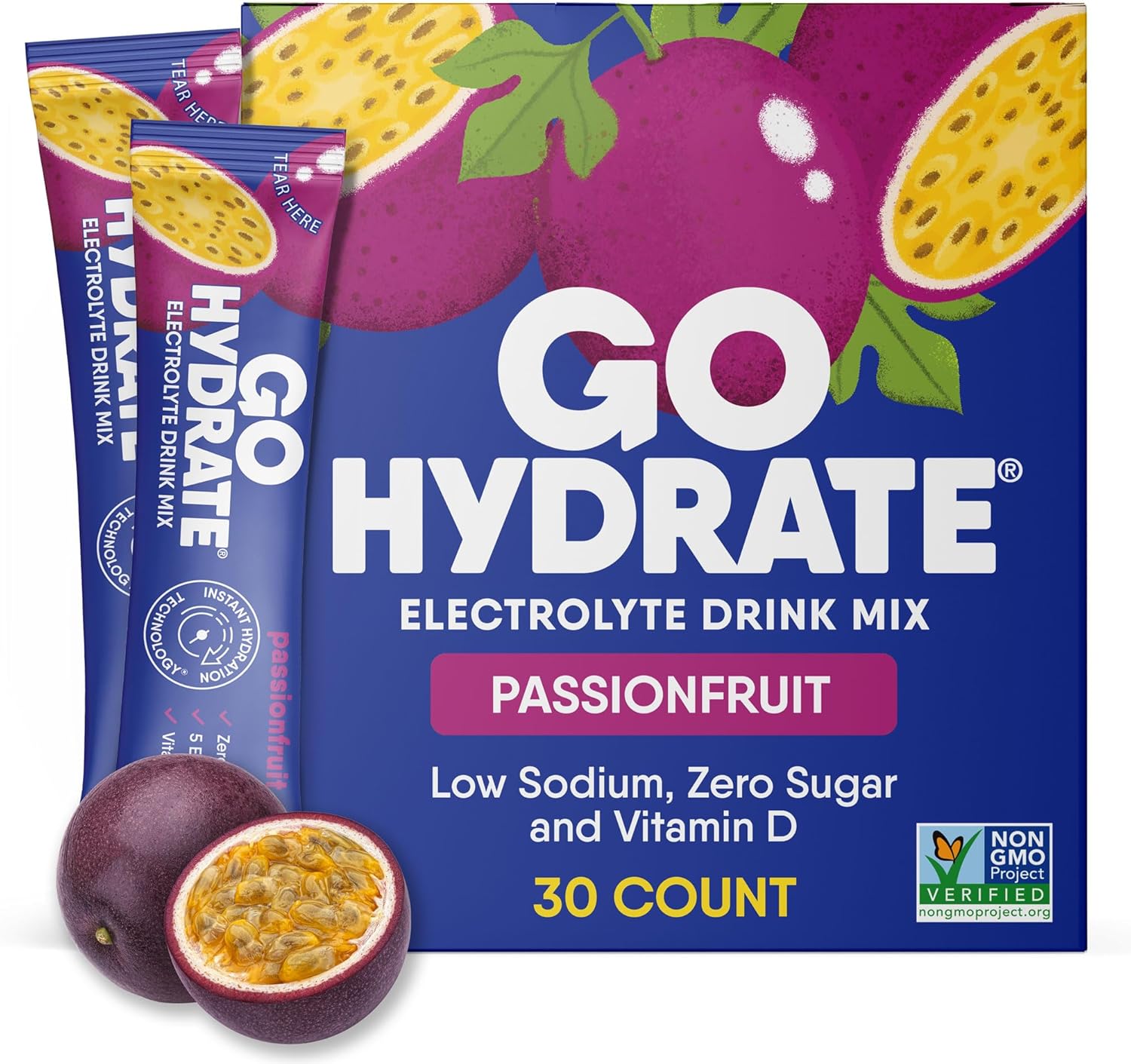 GoHydrate Low Sodium Electrolytes Powder Packets Sugar Free - Instant Hydration Daily Drink Mix - Zero Sugar Water Flavor Packet Singles with Vitamin D - (Passion Fruit, 30 Packs)