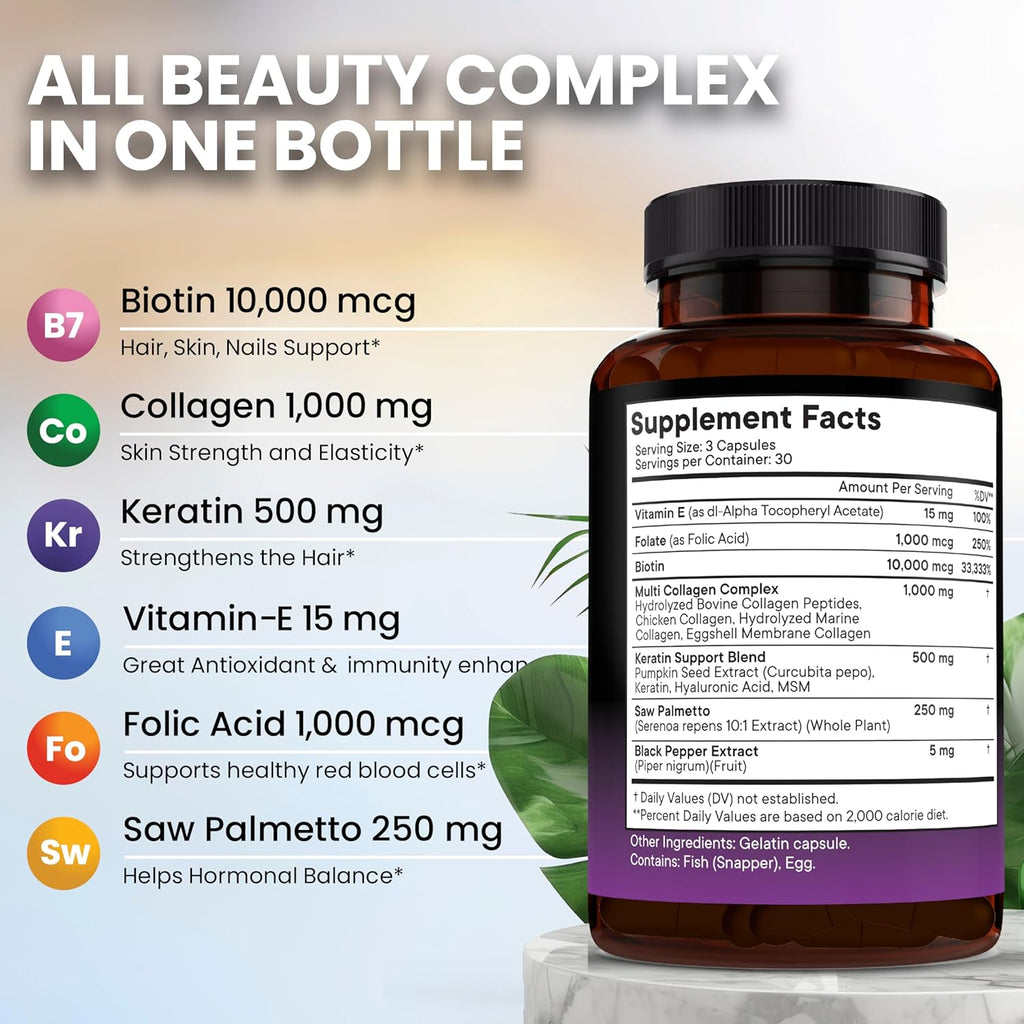 NEW AGE Biotin Collagen Keratin Hyaluronic Acid - 50,000mcg Hair Growth Vitamins for Men and Women, Nails, Hair, Skin Vitamins and DHT Blocker with Vitamin E Folic Acid Pumpkin Seed MSM- 180 Count