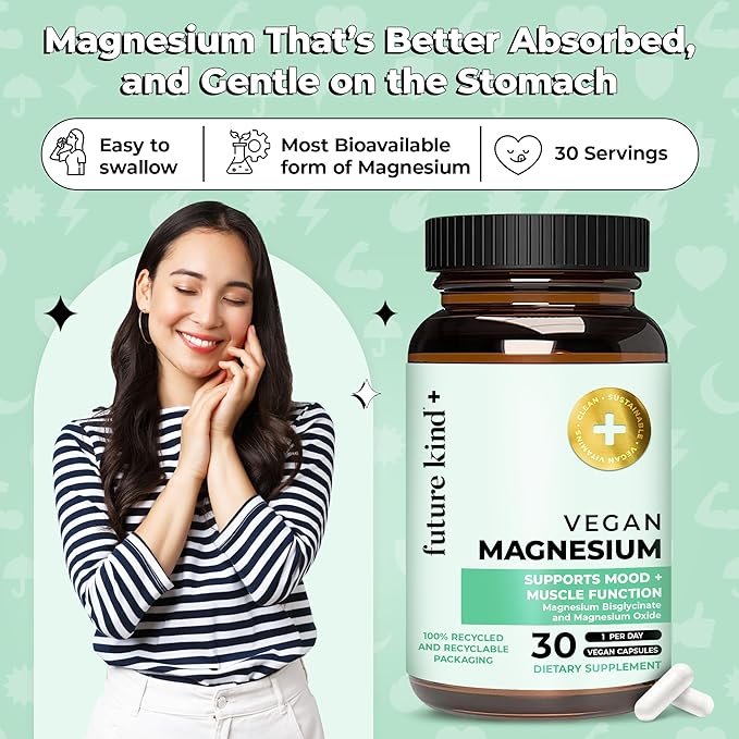 Future Kind Magnesium Glycinate, Supports Muscle and Nerve Function, High Absorption Chelated Magnesium Supplement, Nightly Calm, Energy & Metabolism, Highly Bioavailable & Potent - 30 Vegan Capsules
