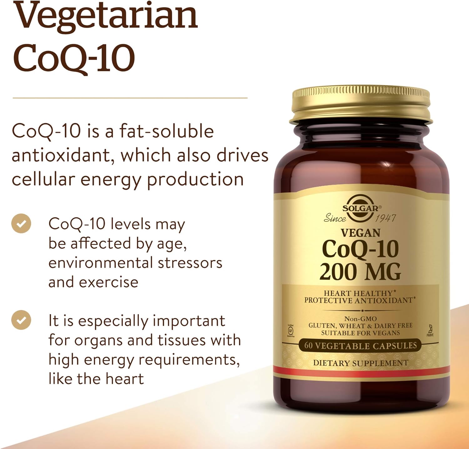 Solgar Vegetarian CoQ-10 200 mg, 60 Vegetable Capsules - Heart Healthy, Protective Antioxidant - Coenzyme Q10 (CoQ-10) Supplement - Vegan, Gluten Free, Dairy Free, Kosher - 60 Servings