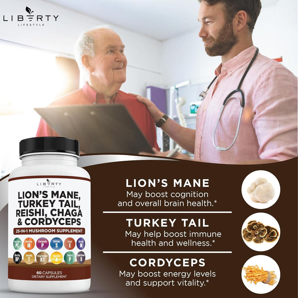 Lions Mane Mushroom Supplement with Turkey Tail Reishi Cordyceps Chaga with Marshmallow Root - 2-Pack