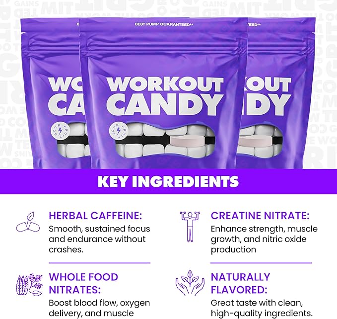 Gains in Bulk Workout Candy, Pre Workout Chews with Creatine and Caffeine for Energy, Focus, Muscle and Pump, Nitric Oxide Support, Supplements for Men and Women, Sour Fruit, 90 Vegetarian Chews