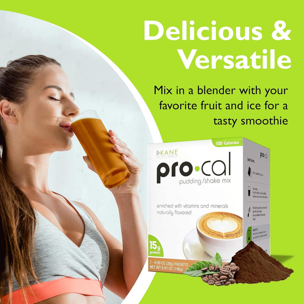 R-Kane Nutritionals Pro-Cal Pudding/Shake Mix, Low Calorie Protein Shake Powder, Meal Replacement Shakes, Mocha-Flavored Boost Drink, 15g Protein, 7 Packets per Box
