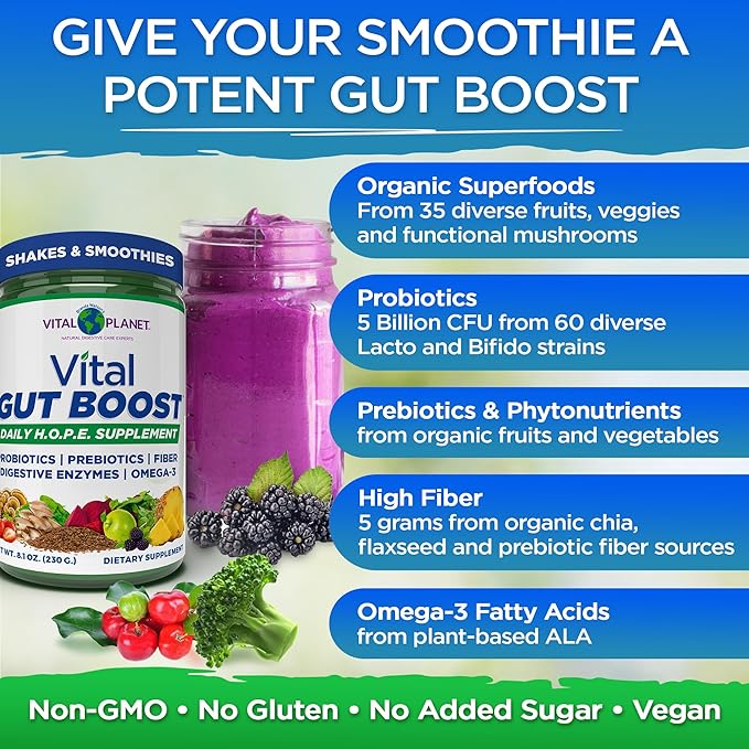 Vital Planet - Vital Gut Boost Powder by Brenda Watson, PBS Gut Check Hope Supplement with Fiber 35, Omega 3 Oil, Probiotics, and Digestive Enzymes, 8.1oz, 230 Grams, 30 Servings
