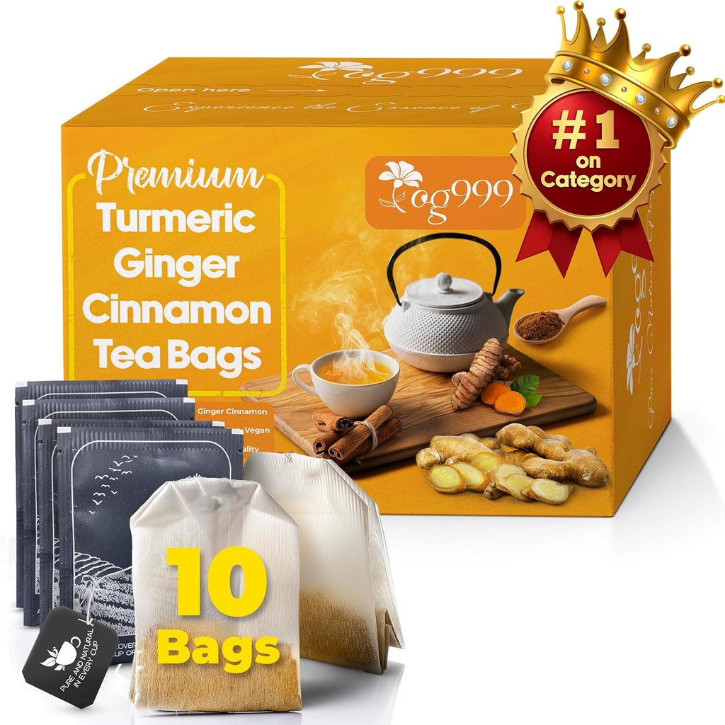 TOG999, 10 Turmeric, Ginger, Cinnamon Tea Bags, 100% Natural, Hand-made Blend of Turmeric, Ginger, and Cinnamon. Eco-conscious Tea Bags. No Sugar, No Caffeine, No Gluten, Vegan.