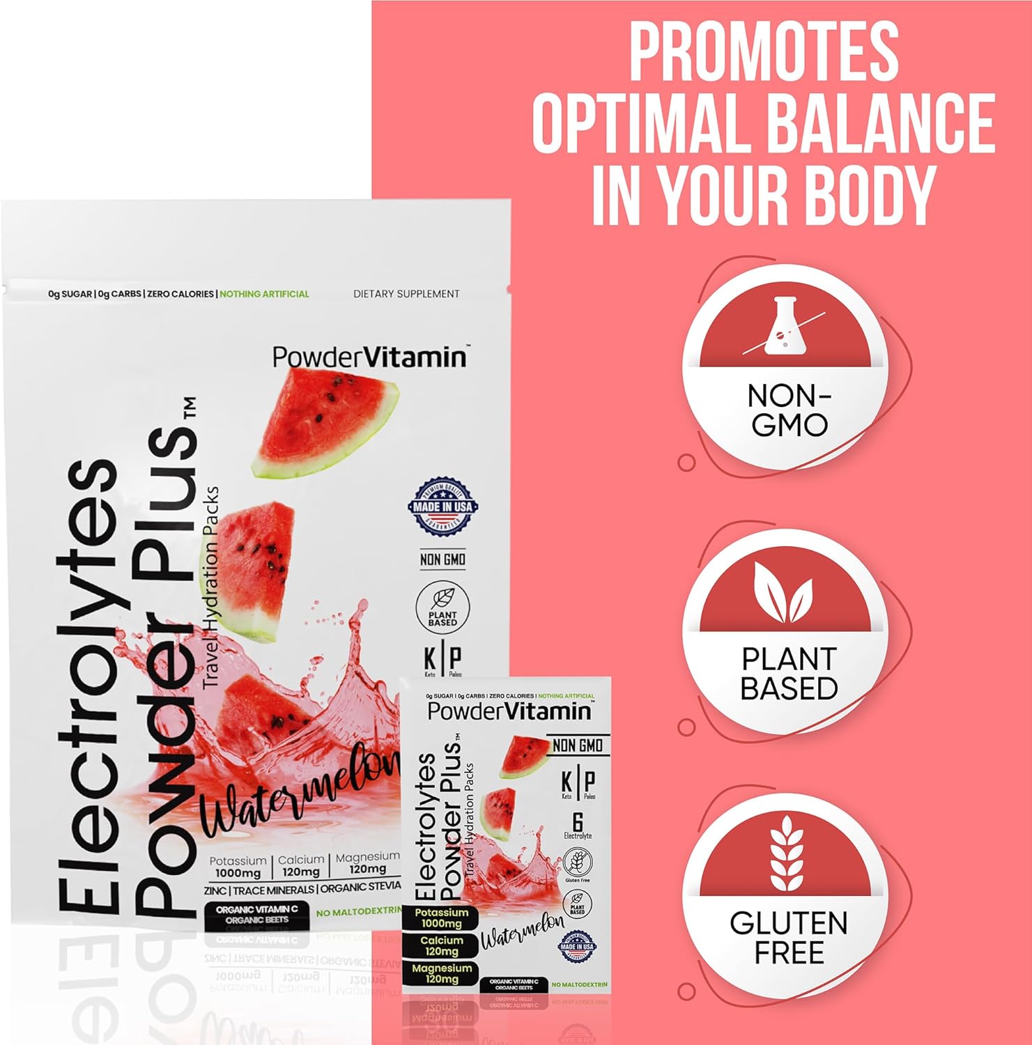 PowderVitamin Electrolytes Powder Plus, Keto, Watermelon, Sugar Free, 1000mg Potassium, 120mg Calcium, 120mg Magnesium, Non-GMO, Zero Calories, 30 Hydration Packets
