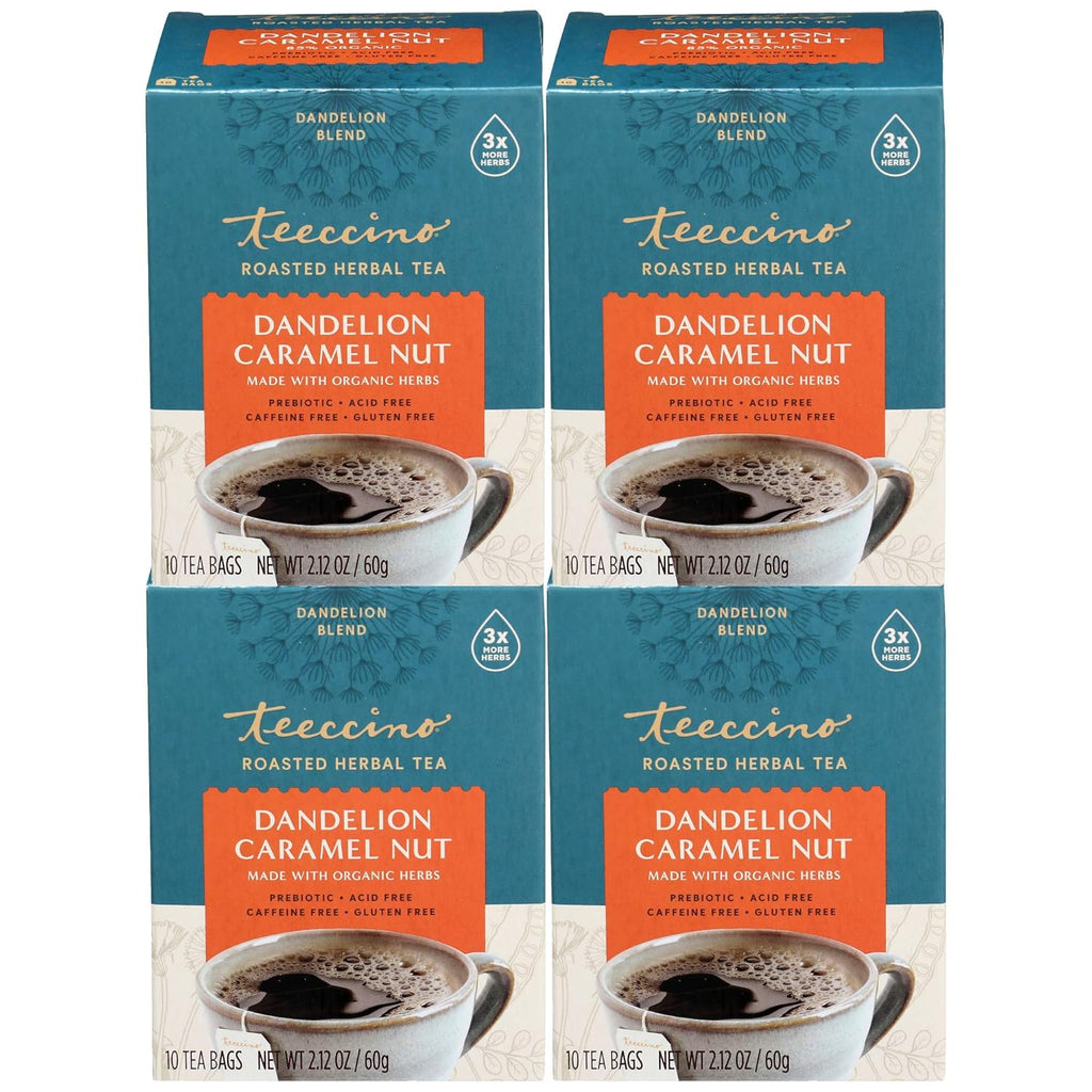 Teeccino Dandelion Caramel Nut Tea - Caffeine Free, Roasted Herbal Tea with Prebiotics, 3x More Herbs than Regular Tea Bags, Gluten Free - 10 Tea Bags (Pack of 4)