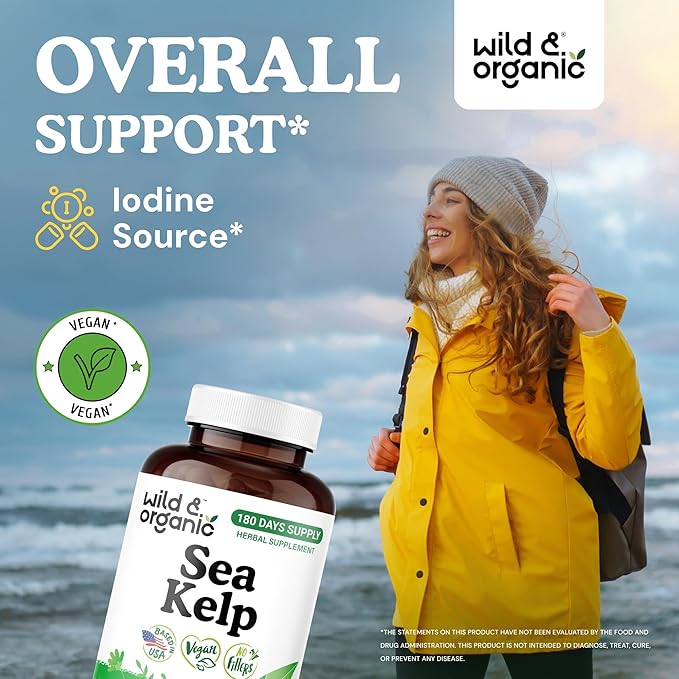 Wild & Organic Sea Kelp Capsules 600 mg - Immune & Overall Support - Sea Kelp Iodine Supplement for Men & Women - Ocean Seaweed Supplement - Vegan, No Fillers, Non-GMO - 180 Count