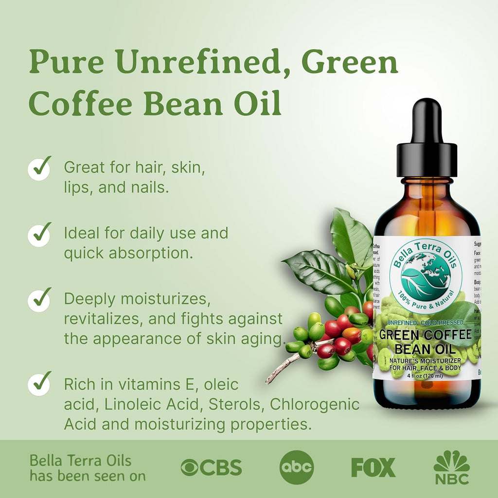 Bella Terra Oils - Green Coffee Bean Oil 2 oz - Packed with Chlorogenic Acid & Ferulic Acid, Abundant Essential Fatty Acids, Pure Coffee Bean Extract Essence