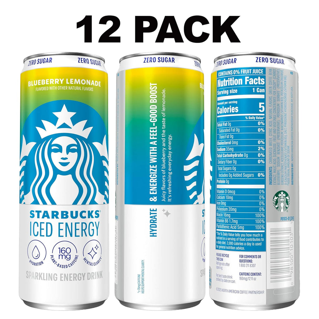 Starbucks Iced Energy Drink, Blueberry Lemonade, Zero Sugar Energy Drink, Plant Based Caffeine, Hydration, Mental Clarity, 12 Fl Oz Cans (Pack of 12)