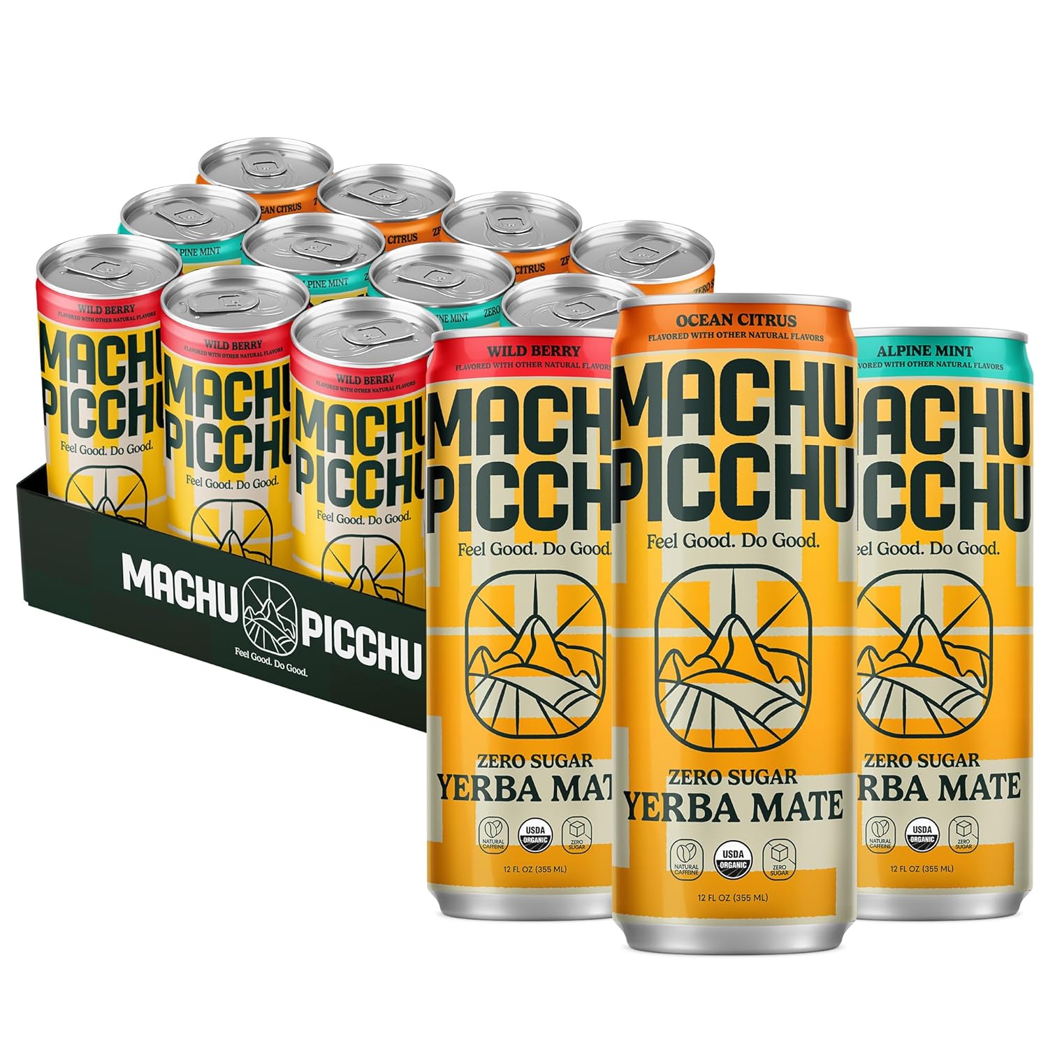 MACHU PICCHU Non-Carbonated Yerba Mate Energy Drink – Zero Sugar, 120mg Organic Caffeine, Smooth Focus Without Jitters or Crash, Low Calorie, USDA Organic, 12oz Cans (12-Pack Variety Pack
