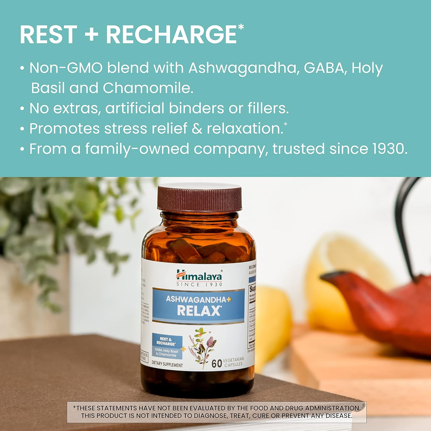 Himalaya Ashwagandha+ Relax, with GABA, Holy Basil & Chamomile for Reset, Relaxation & Stress Relief, Vegan, Gluten Free, 540 mg, 60 Vegetarian Capsules, 1 Month Supply