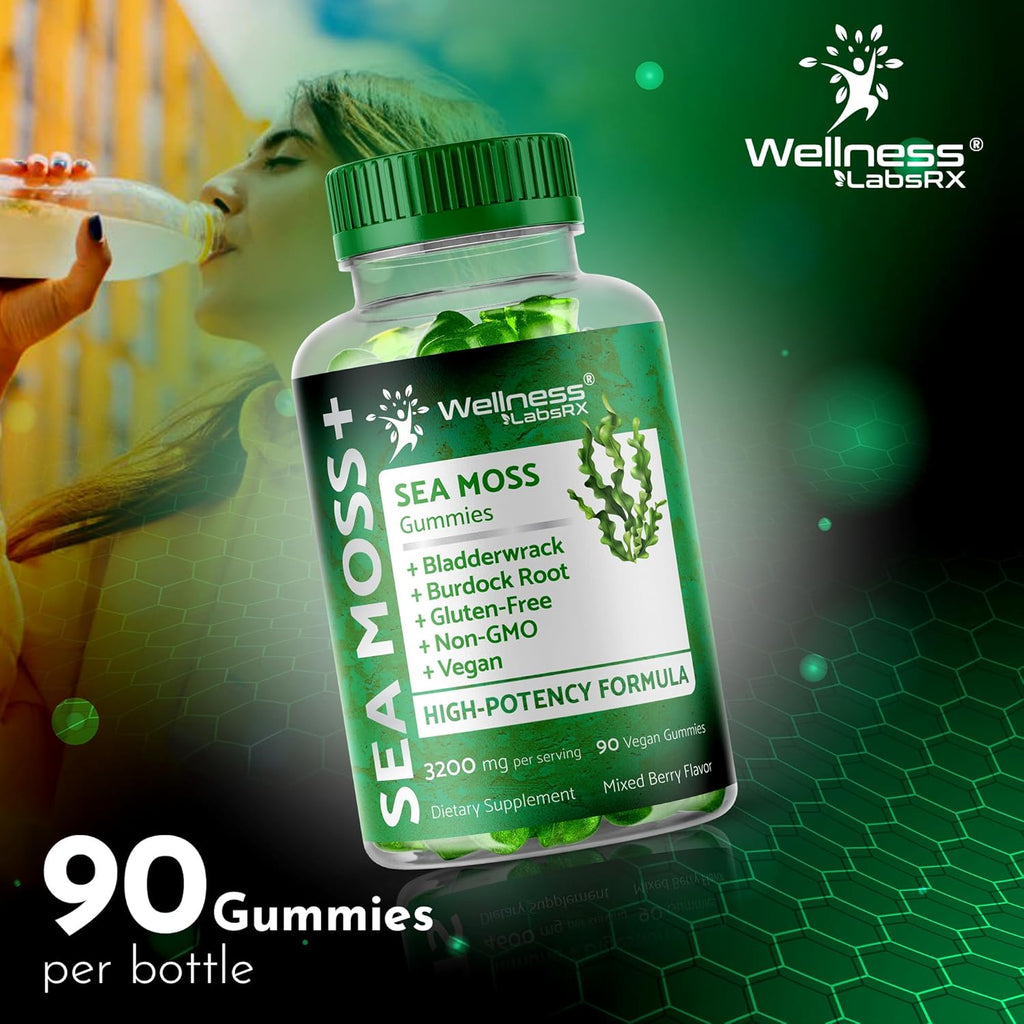Sea Moss Gummies, 3200mg Irish Sea Moss Mixed Berry Flavor with Maximum Potency Bladderwrack and Burdock Root - Supports Skin, Energy and Immunity - 180 Count