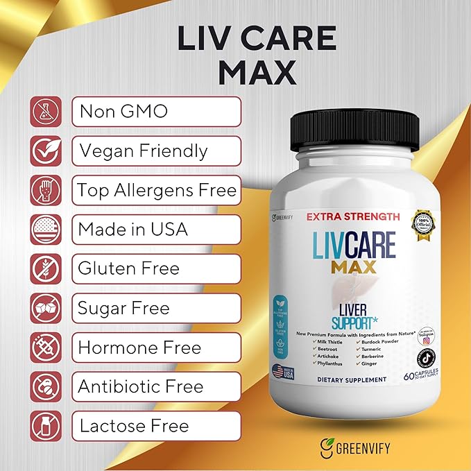 Livcare Max Liver Support Supplement, Extra Strength, 60 Veggie Capsules, 30 Day Supply with Milk Thistle, Beetroot, Artichoke (1)