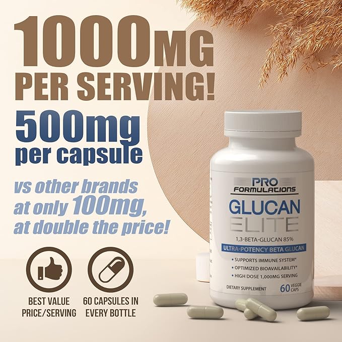 Pro Formulations MD Glucan Elite – 85 Beta 1,3D Glucan 500mg – 60 vcaps – 85 Minimum Active 1,3 Linkage Ultra-Potency – Highest Bioavailability with BGF-Immune - 2 Pack