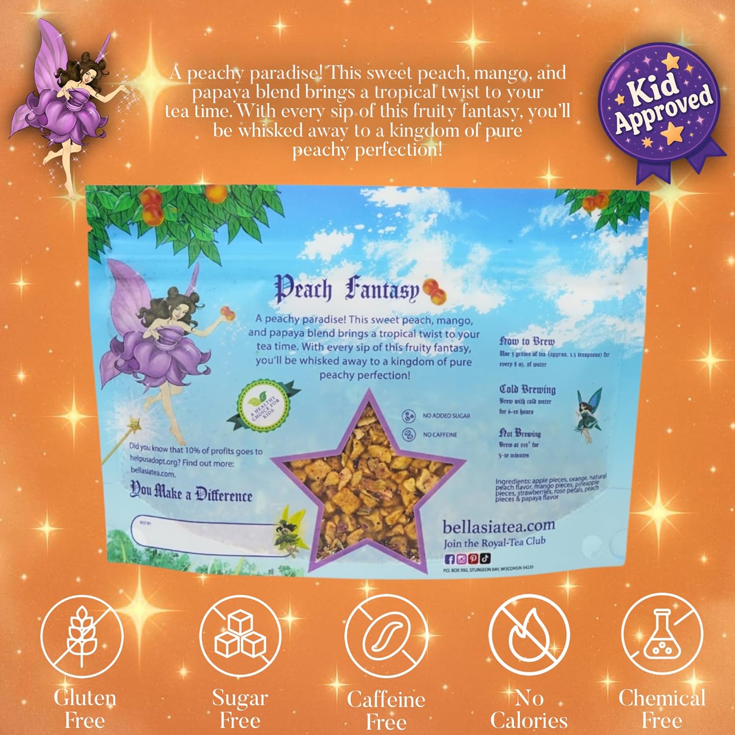Bellasia Tea Peach Fantasy for Kids Using Real Fruit Pieces - Caffeine Free Herbal Tea Blend with Real Ingredients & Balanced Flavor- Add Loose Leaf Tea to Your Child’s Routine for A Fun & Tasty Drink