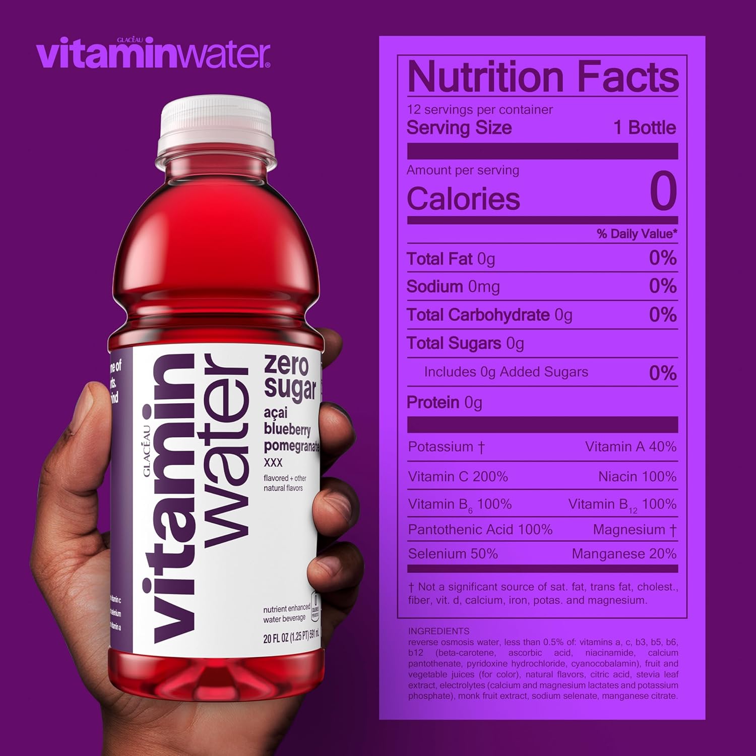 vitaminwater XXX Acai-Blueberry-Pomegranate Zero Sugar, Flavored Water Beverage, 20 fl oz Bottles, 12 Pack