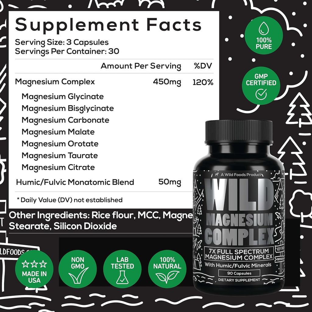 Wild Foods Magnesium Complex Supplement with 7X Forms | High Absorption, Full Spectrum, Easy Digestion | 500mg Glycinate, Bisglycinate, Malate, Orotate, Citrate, Taurate | 90 Capsule (Pack of 3)