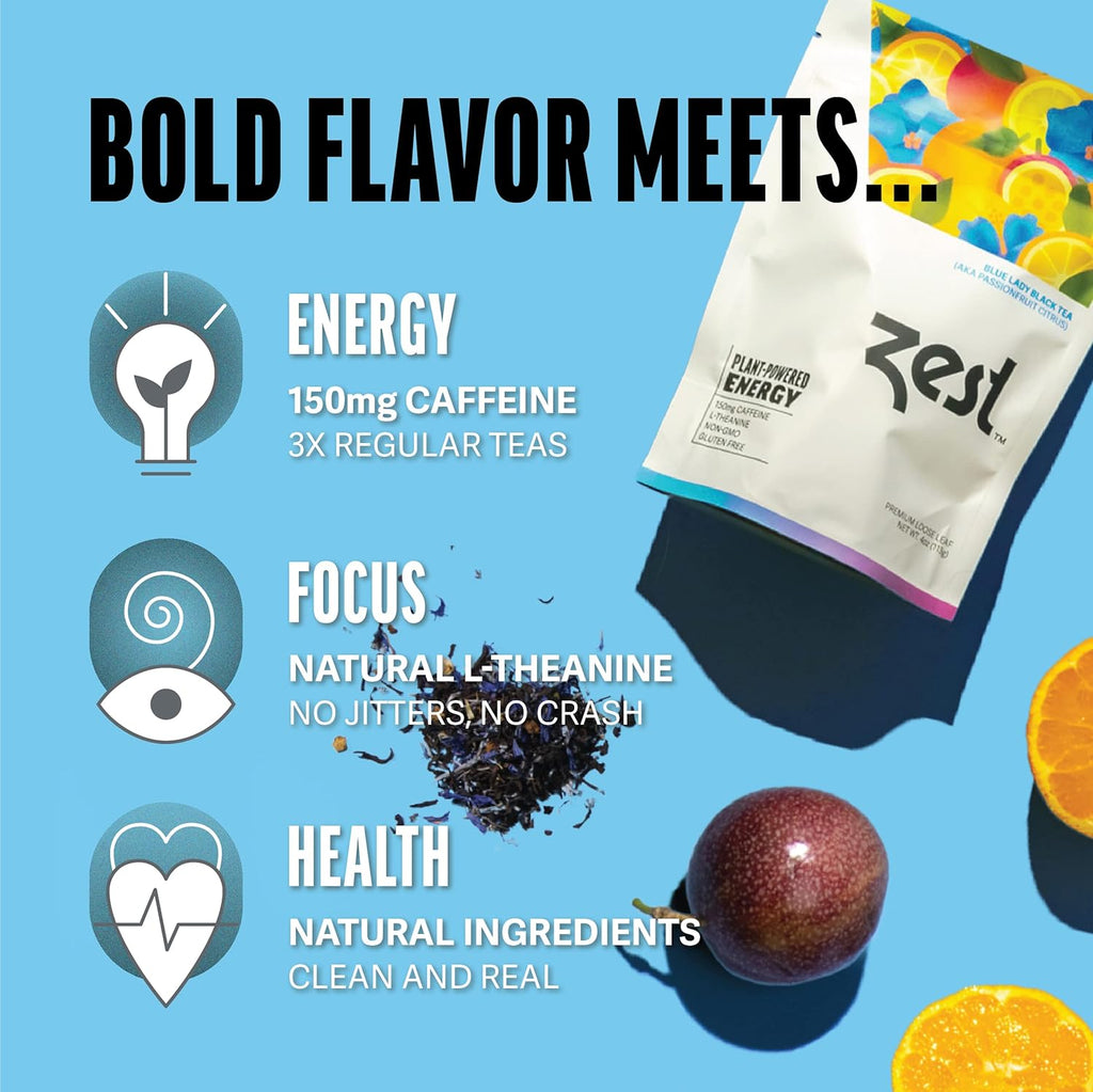 Zest 150mg High Caffeine Energy Loose Leaf Blend - Blue Lady Black Tea - 4 Oz - Hot or Iced - All Natural Strong Flavored Healthy Coffee Alternative Highly Caffeinated Substitute - Perfect for Keto