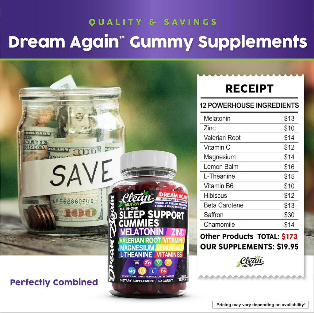 Clean Nutra Melatonin Gummies 10mg | Sleep Aid Valerian Root L-Theanine Vitamin B6 C Lemon Balm Magnesium Hibiscus Beta Carotene Saffron & Chamomile Rest Support Supplement Raspberry Flavor