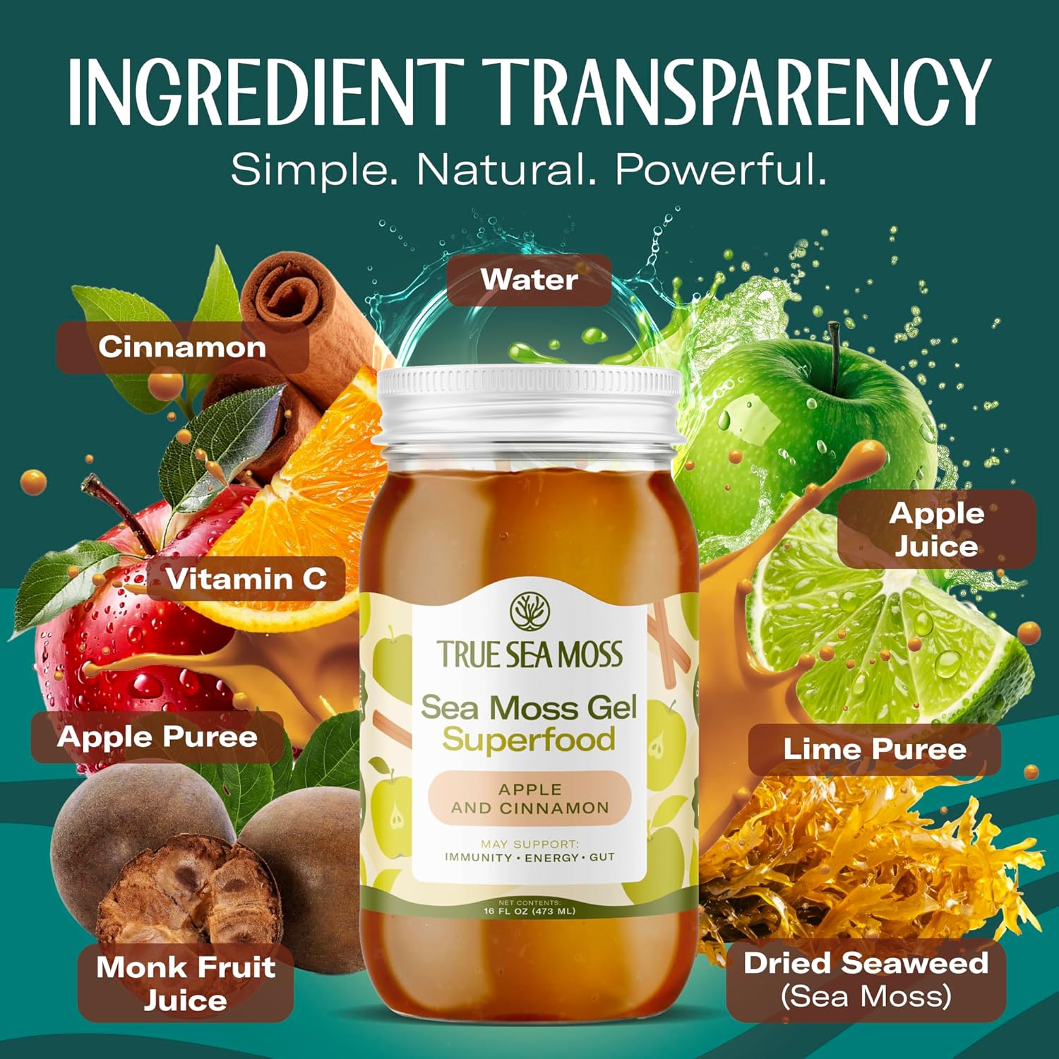 TrueSeaMoss Sea Moss Gel – Made in USA – Wildcrafted Seamoss, Fresh Fruits & Sea Vegetables – Apple/Cinnamon, Pack of 3 (Labels may Vary)
