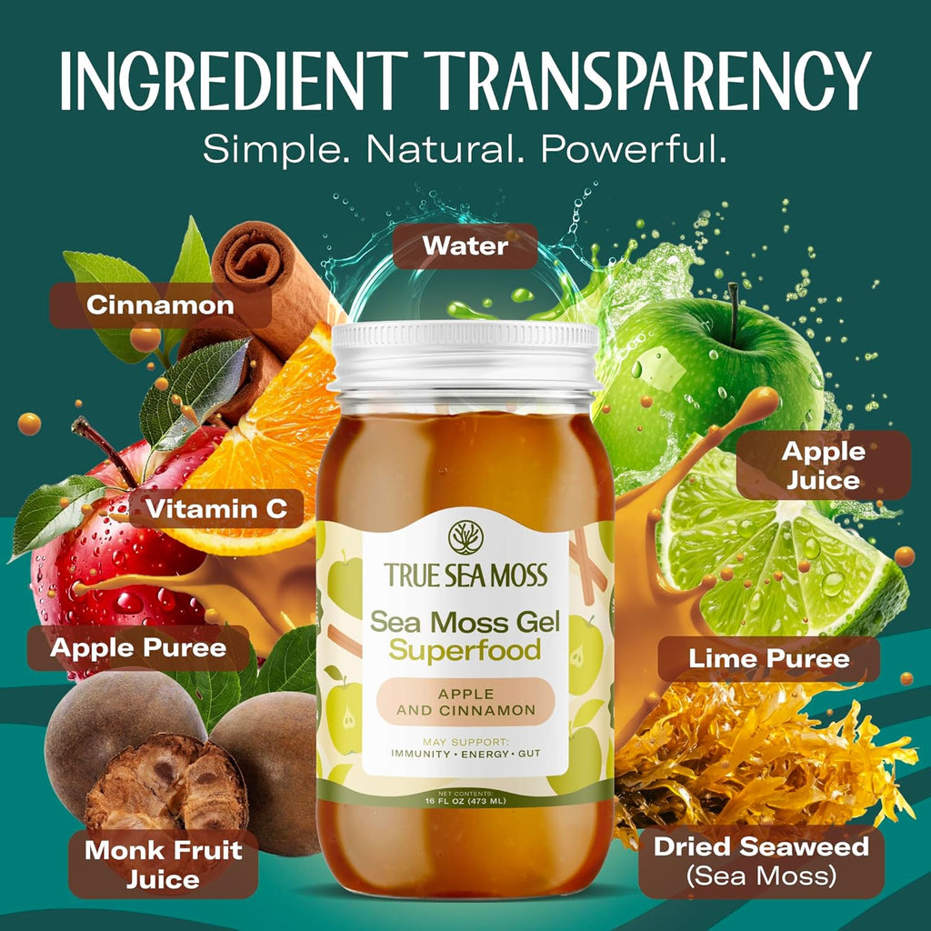 TrueSeaMoss Sea Moss Gel – Made in USA – Wildcrafted Seamoss, Fresh Fruits & Sea Vegetables – Apple/Cinnamon, Pack of 1 (Labels may Vary)
