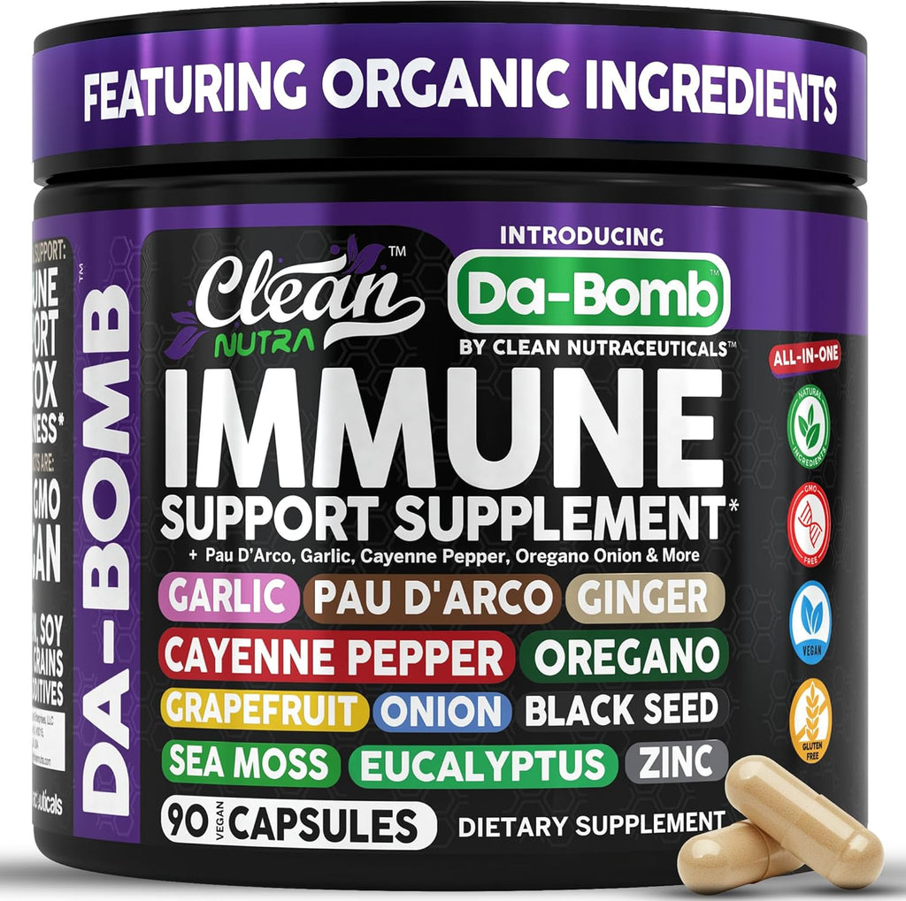 Organic Immune Support with PAU D'Arco Garlic Cayenne Pepper Oregano Ginger Grapefruit Onion Black Seed Sea Moss Black Pepper Zinc Eucalyptus Vitamin C Vitamin D Organic Soursop by Clean Nutra