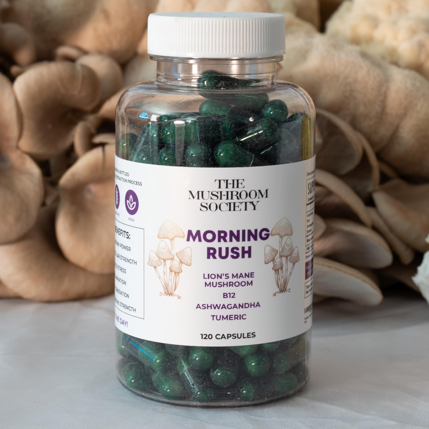 Morning Rush - Lion’s Mane, Ashwagandha, Turmeric & B12 Extract Blend - Mushroom Supplement for Focus & Energy Support - 120 Vegan Capsules