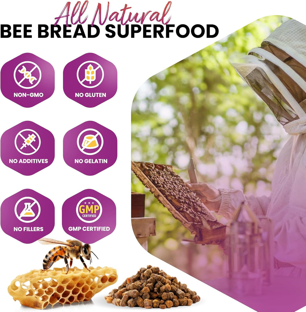 Bee Bread Capsules – Nutrient-Rich Superfood for Energy Boost, Immune Support Supplement | Non-GMO, Gluten-Free, 60 Easy-to-Swallow Veggie Capsules