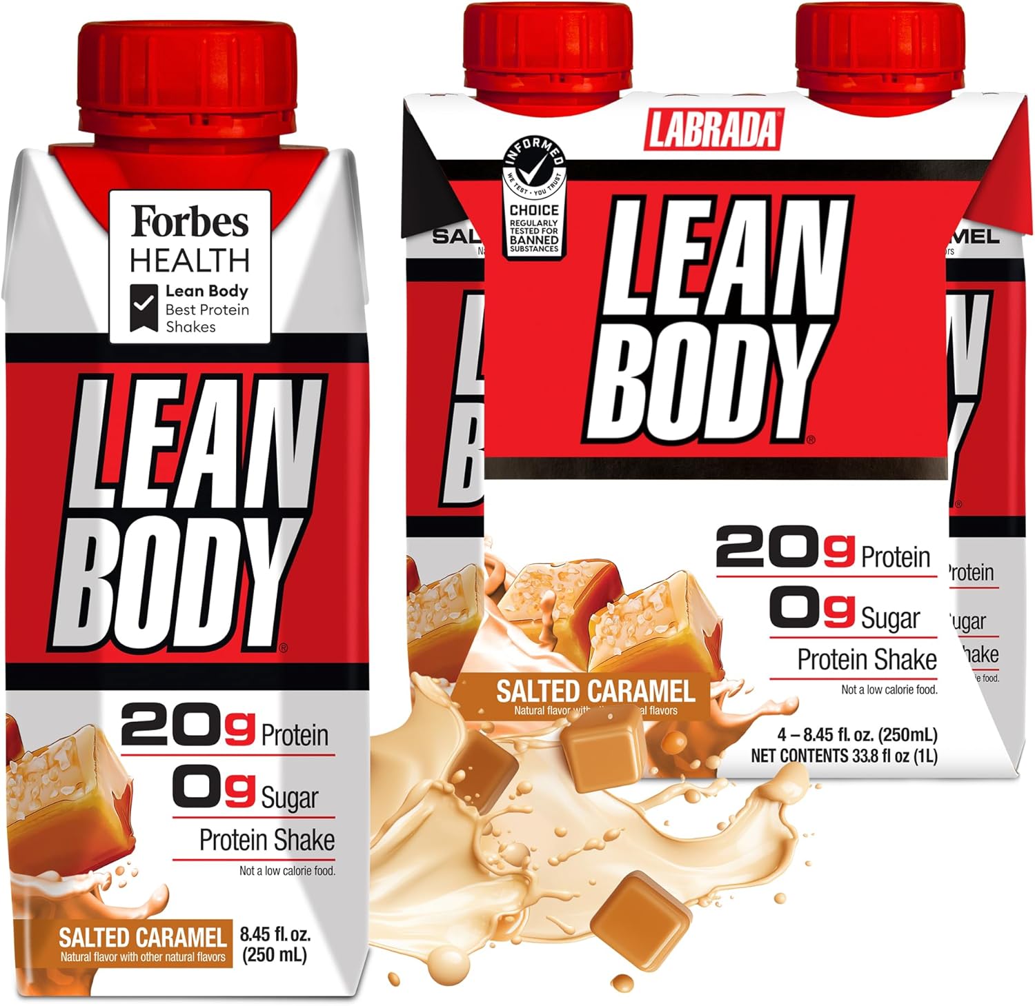 Lean Body Ready-to-Drink Salted Caramel Protein Shake, 20g Protein, Whey Blend, 0 Sugar, Gluten Free, 22 Vitamins & Minerals, (Recyclable Carton & Lid - Pack of 4)