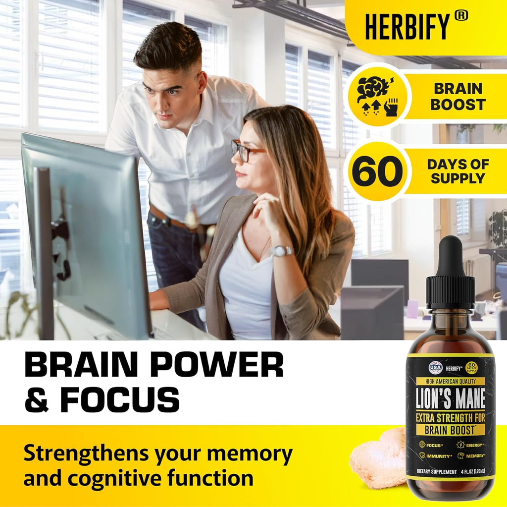 HERBIFY Lions Mane Supplement - Daily Mushroom Supplement for Memory, Focus & Clarity - Brain Booster - Lions Mane Tincture for Immune Support - 4 Fl oz