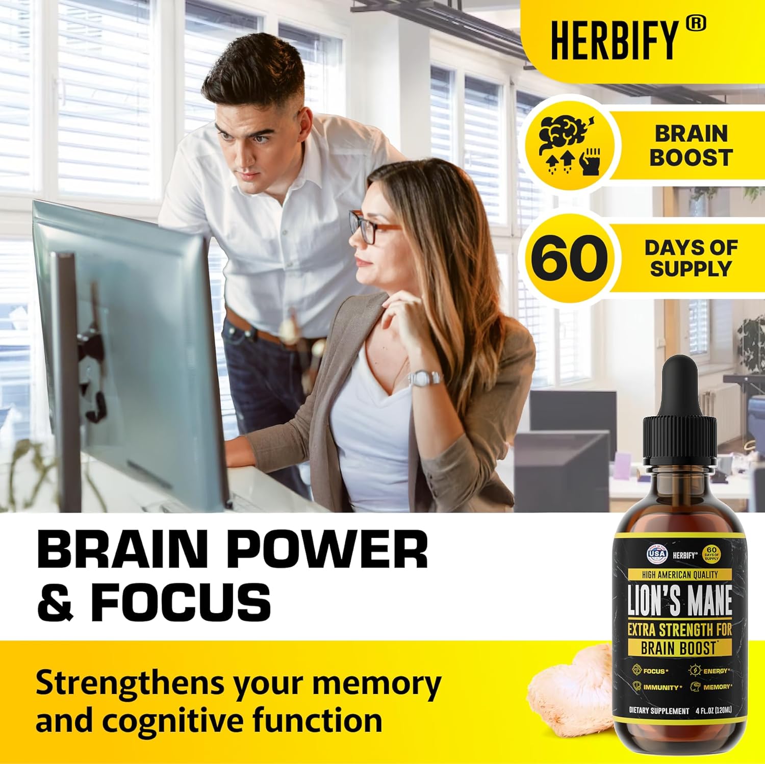 HERBIFY Lions Mane Supplement - Daily Mushroom Supplement for Memory, Focus & Clarity - Brain Booster - Lions Mane Tincture for Immune Support - 4 Fl oz