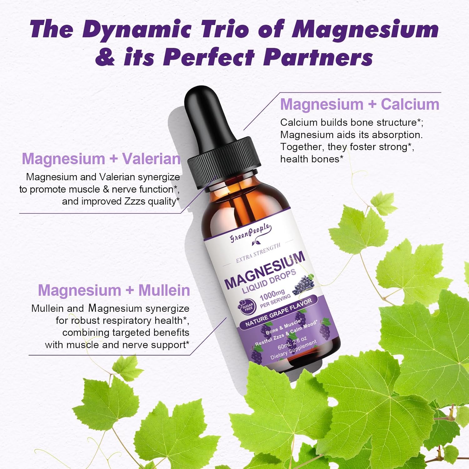 GREENPEOPLE Magnesium Glycinate Liquid Drops - 1000mg 5-in-1 High Absorption Liquid Magnesium for Sleep with D3/K2/B6 | Fast-Acting, Bone, Muscle & Sleep | Sugar-Free Grape Flavor, 2fl Oz