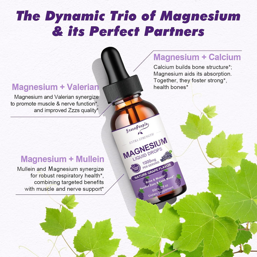 GREENPEOPLE Magnesium Glycinate Liquid Drops - 1000mg 5-in-1 High Absorption Liquid Magnesium for Sleep with D3/K2/B6 | Fast-Acting, Bone, Muscle & Sleep | Sugar-Free Grape Flavor, 2fl Oz 2 Pack