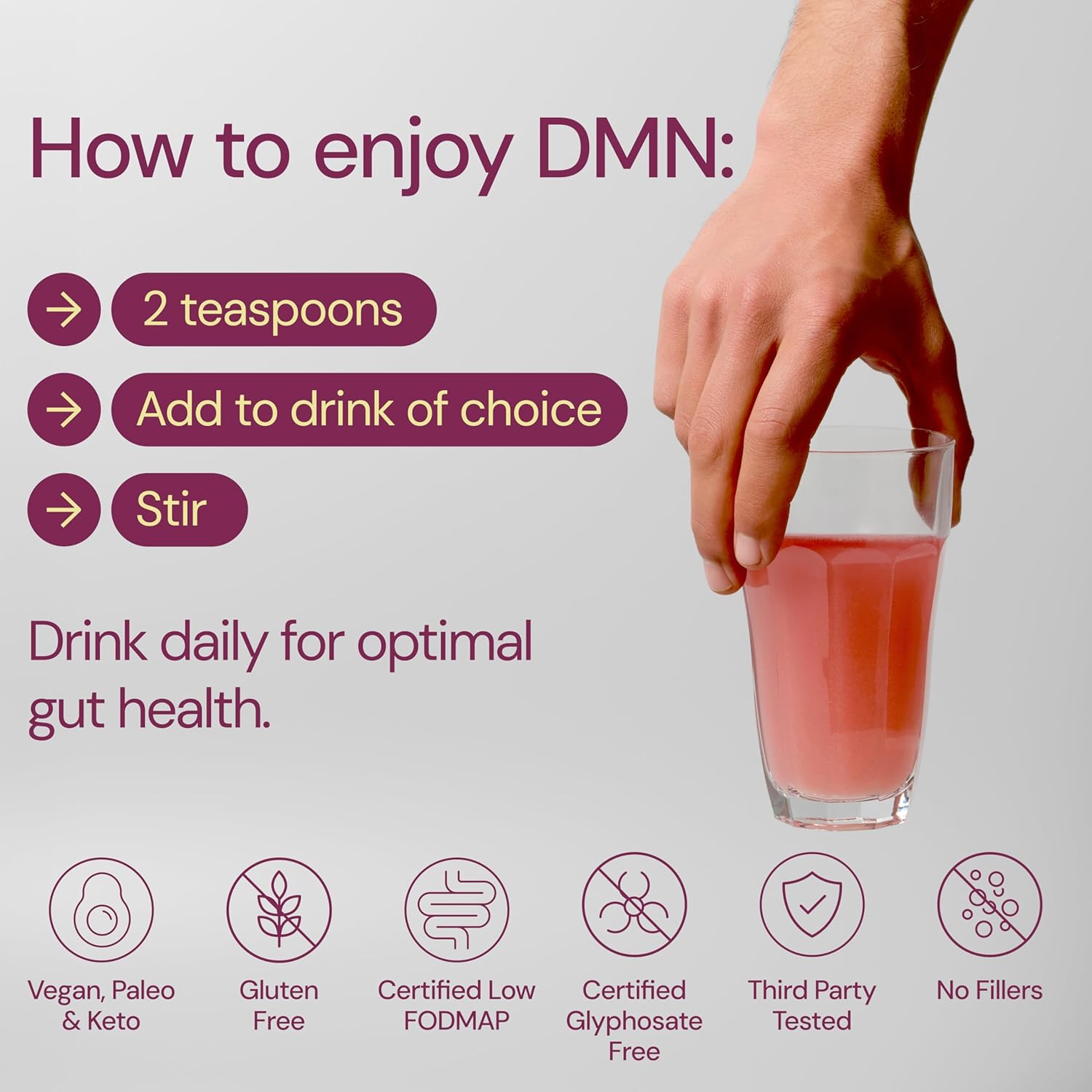 DMN (Daily Microbiome Nutrition), 6 Oz, Plant-Based Fiber Powder with 3 Different Prebiotics, Helps Digestive & Gut Health, Low FODMAP Supplement, Vegan, Wild Berry Flavor, 30 Servings