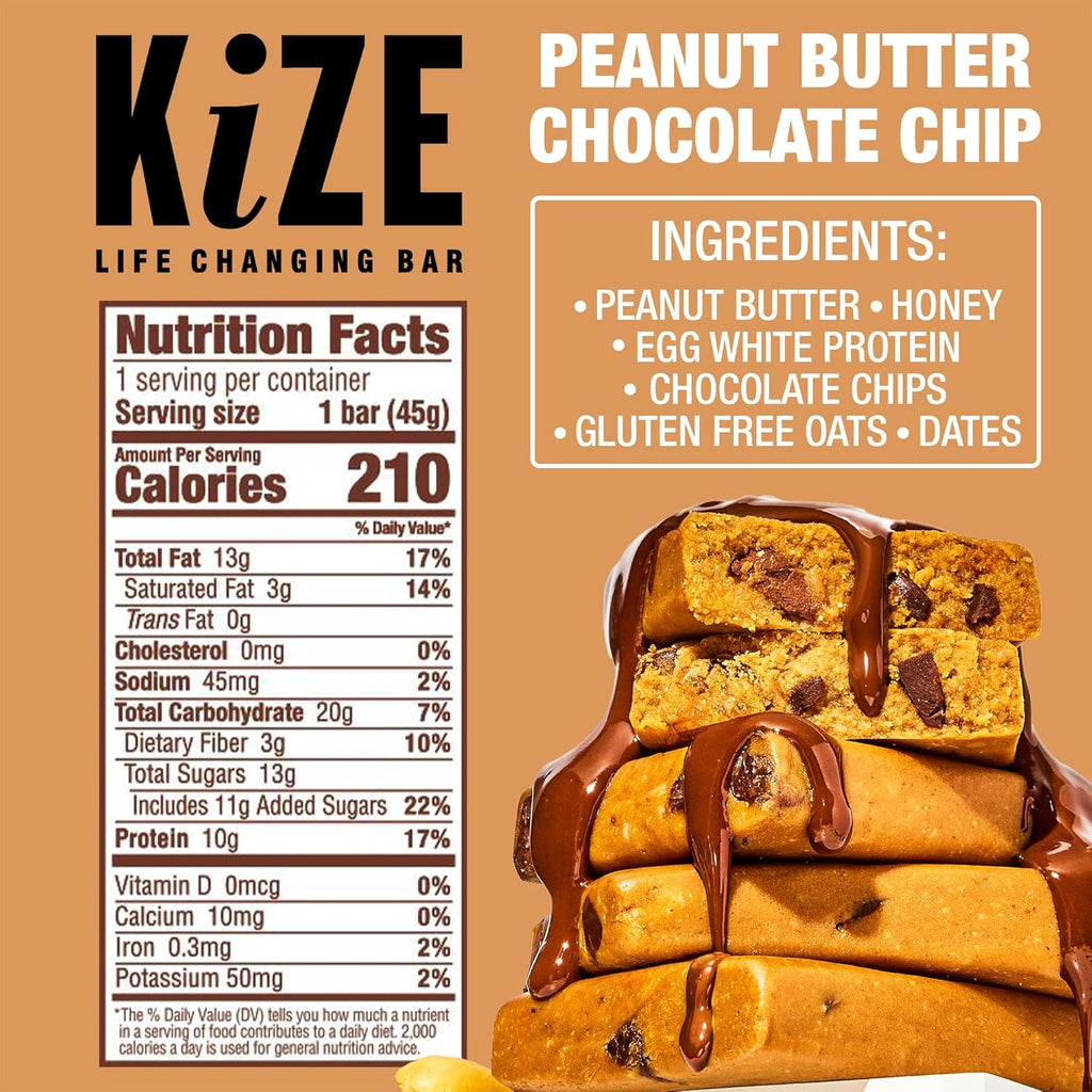 KiZE Energy Bars - Peanut Butter Chocolate Chip - Gluten Free, Dairy Free, Non-GMO, and High Protein Meal Replacement Energy Bars, Clean and Simple Food Ingredients - 10g High Protein Snacks, (10 Count)