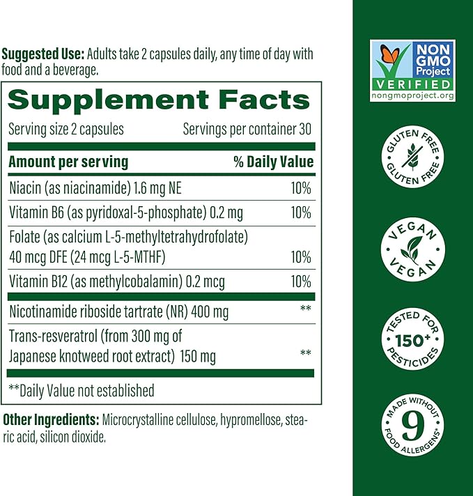 MegaFood NAD+ Supplement with Nicotinamide Riboside & Resveratrol - NMN Supplement Alternative - Vitamin B12, B6, Methylfolate & Niacin - NAD for Healthy Aging - Non-GMO - 60 Capsules, 30 Servings
