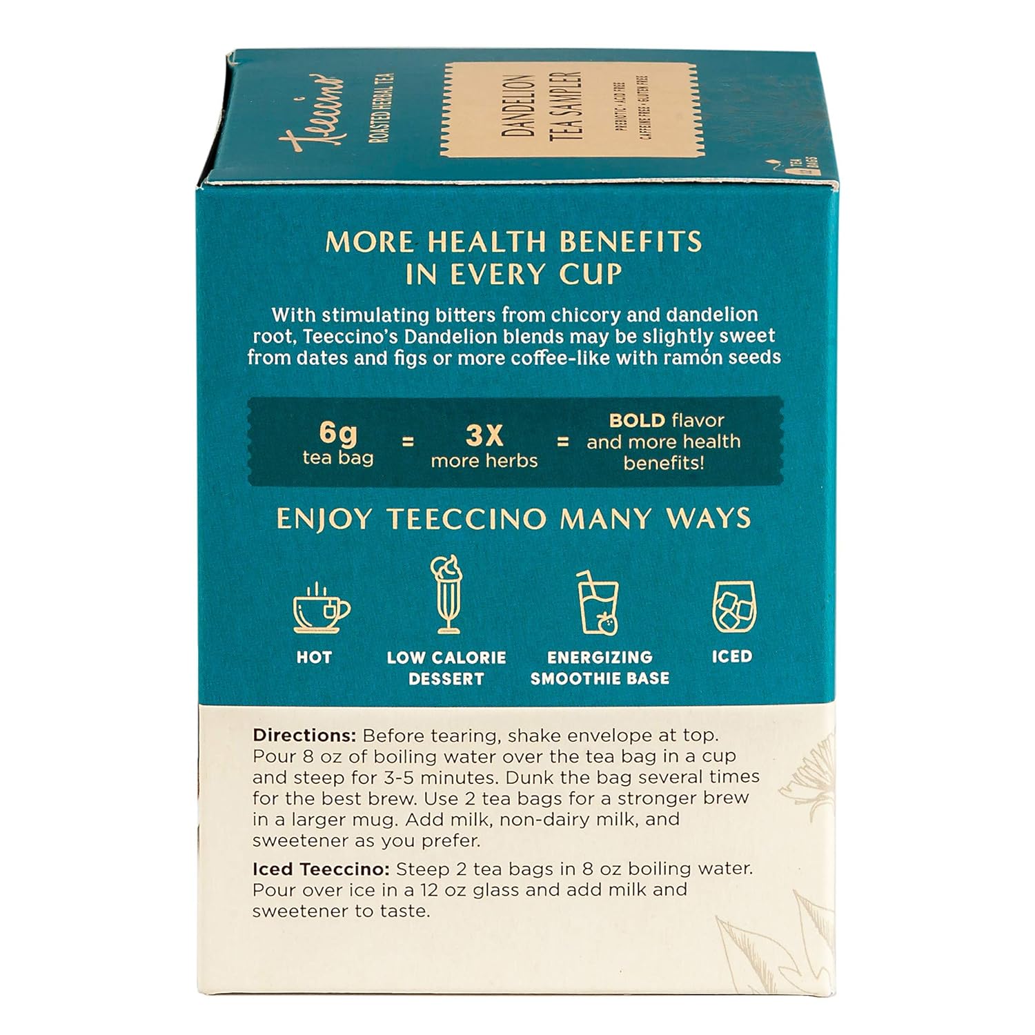 Teeccino Dandelion Tea Sampler - Caramel Nut, Coconut, Dark Roast, Mocha Mint, Red Chai, Turmeric - Roasted Herbal Tea, Caffeine Free & Prebiotic with Detoxifying Dandelion - 12 Tea Bags