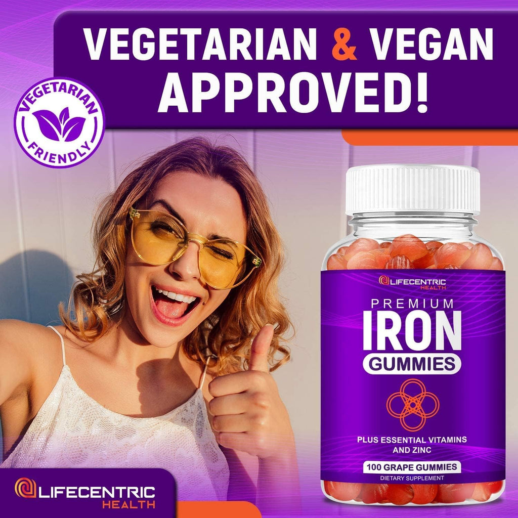 LifeCentricHealth Iron Gummies for Adults & Kids | Biotin Zinc Vitamin B Folic Acid Gummies | Vegan Gluten Free for Women & Men