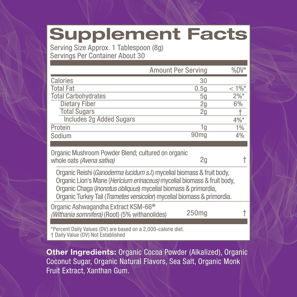 OM MUSHROOM SUPERFOOD Hot Chocolate Blend Mushroom Powder, 8.47 Ounce Canister, 30 Servings, Cocoa, 2g of Sugar, 25 Calories, Lion's Mane, Reishi, Chaga, Turkey Tail, Focus and Stress Support