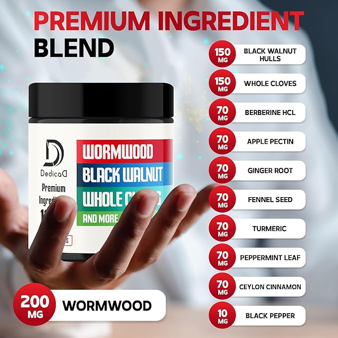 Wormwood Supplement - 120 Capsules Extracted from Black Walnut, Cloves, Turmeric, Apple, Berberine HCl & More - 11 Ingredients Combined for Immune System - 2-Month Supply
