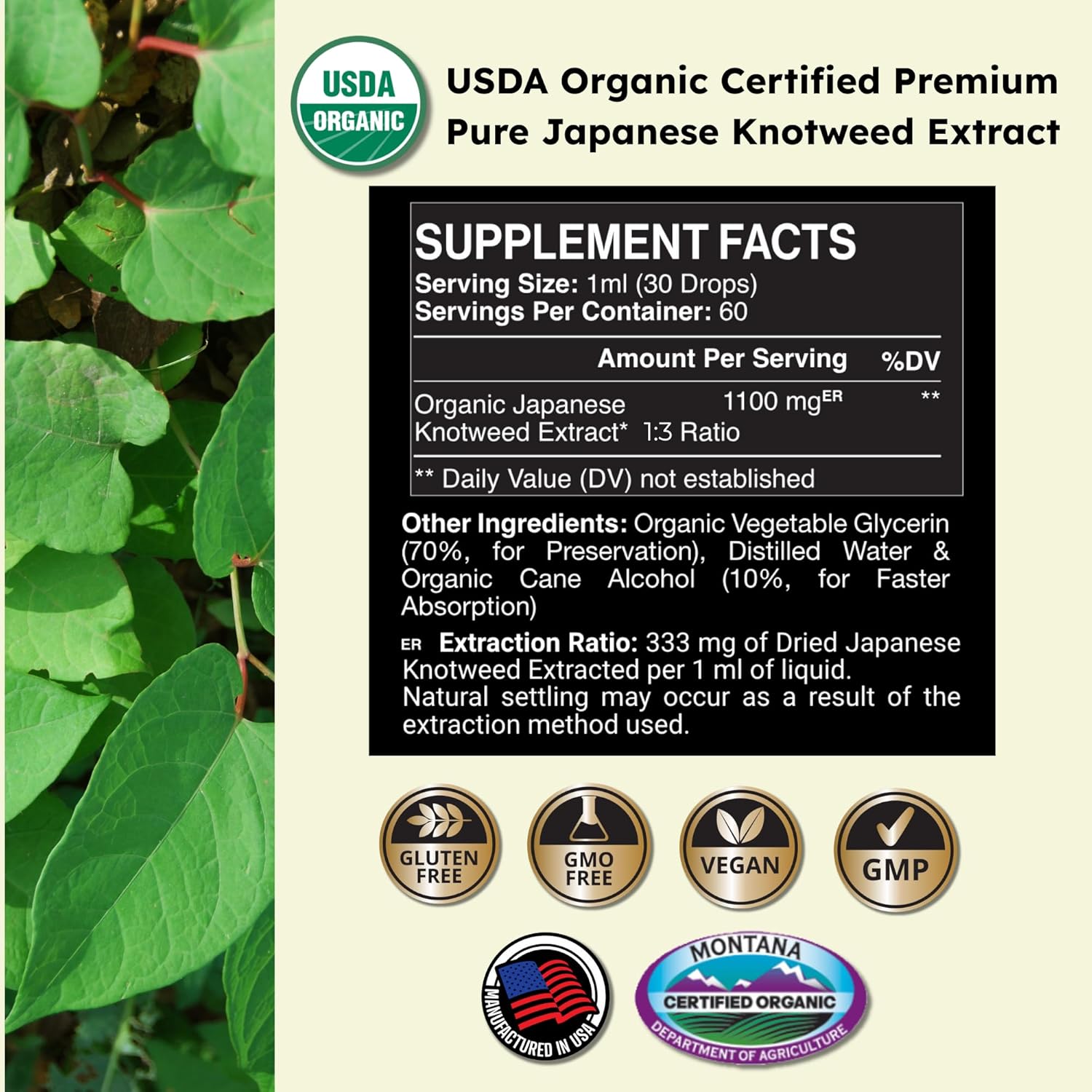 Japanese Knotweed Premium Resveratrol USDA 3rd Party Tested Tincture 60ml/2.32 Oz - 1:3 Clinical Strength Ratio - Tick Wellness Aid and Immune Support Supplement - Made in The USA