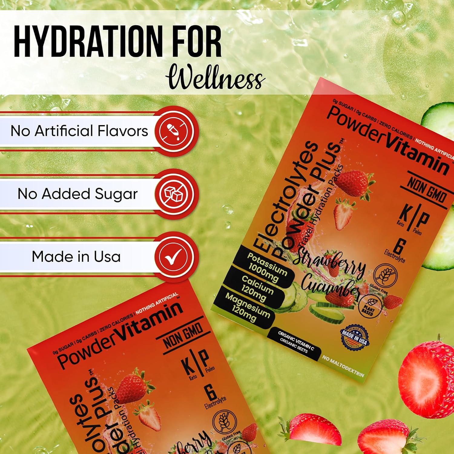 PowderVitamin Electrolytes Powder Plus, Keto, Strawberry Cucumber, Sugar Free, Pink Himalayan Salt, 1000mg Potassium, 120mg Calcium, 120mg Magnesium, Non-GMO, Zero Calories, (16 Hydration Packets)