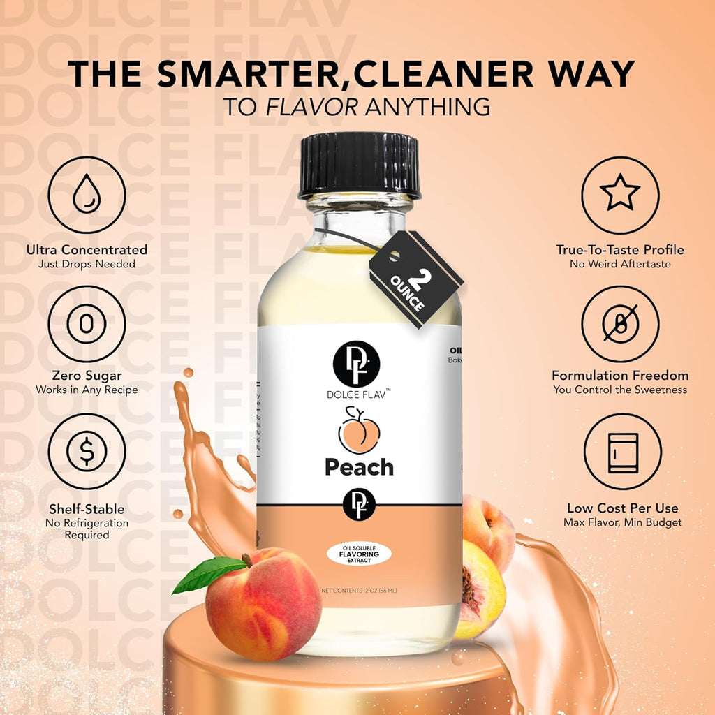 Dolce Flav Peach Extract – 2 Ounce Oil-Soluble Kosher, Sugar-Free, Concentrated Juicy Peach Flavoring for Baking, Chocolates & Desserts, Includes Measured Dropper