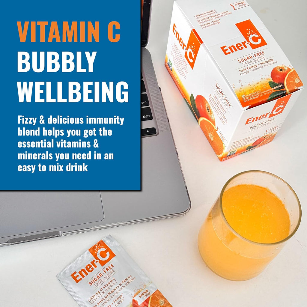 Ener-C Sugar Free Energy Orange Multivitamin Drink Mix Vitamin C 1000mg & Electrolytes - Natural Immunity Support with Real Fruit Juice Powders Non-GMO Vegan & Gluten Free - 60 Count