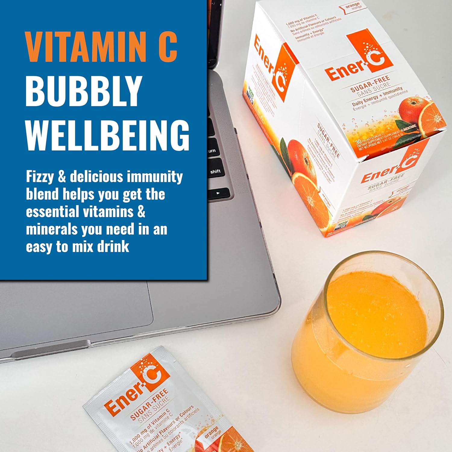 Ener-C Sugar Free Energy Orange Multivitamin Drink Mix Vitamin C 1000mg & Electrolytes - Natural Immunity Support with Real Fruit Juice Powders Non-GMO Vegan & Gluten Free - 60 Count