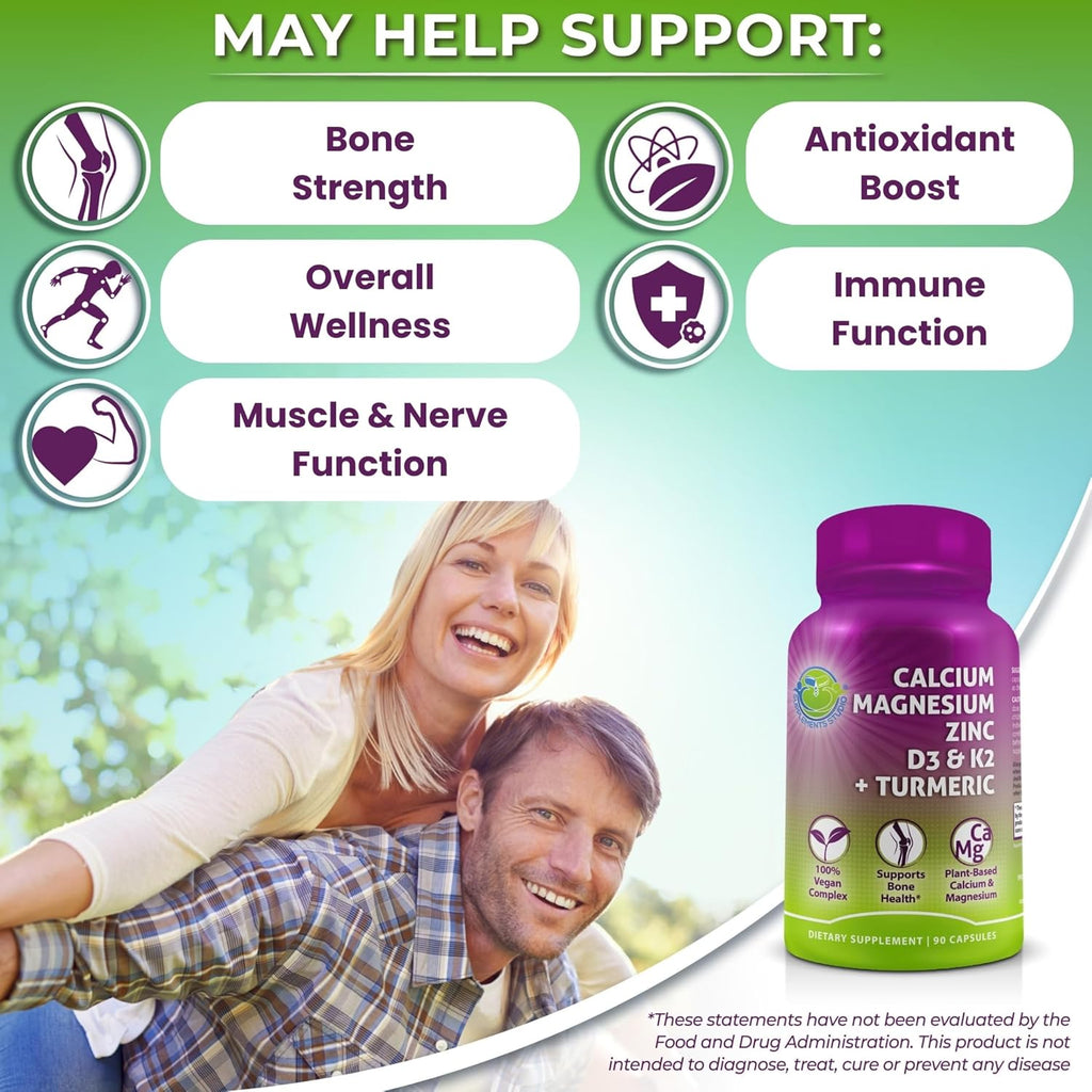 Plant-Based Calcium 500mg (Aquamin) – Vegan Calcium Magnesium Zinc D3 with Vitamin K2 & Organic Turmeric – Enhanced Bone and Muscle Health & Strength, Immune Support for Women & Men - 90 Count