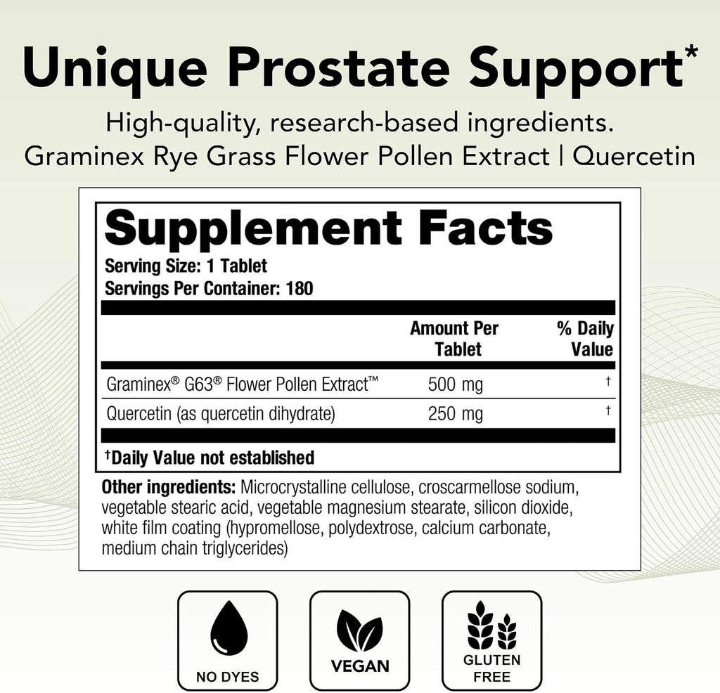 Theralogix Prostate PQ - Rye Grass Pollen Extract & Quercetin Supplement - 90-Day Supply - Antioxidant Support for Prostate & Pelvic Health & Urinary Tract Function* - NSF Certified - 180 Tablets