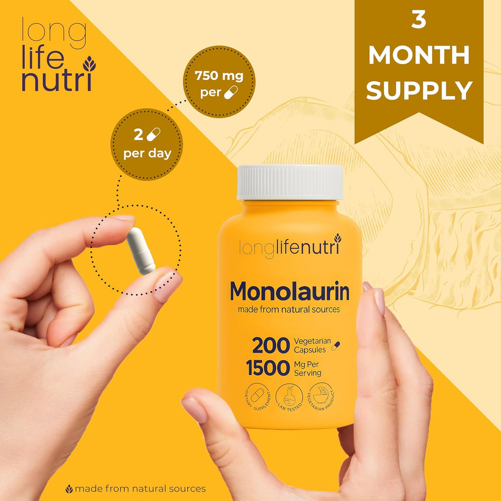 Monolaurin 1500mg - Potent Glycerol from Coconut, 200 Vegetarian Capsules, Organic Supplement for Gut Balance & Natural Defense, 100-Day Supply, GMP Certified, Made in USA